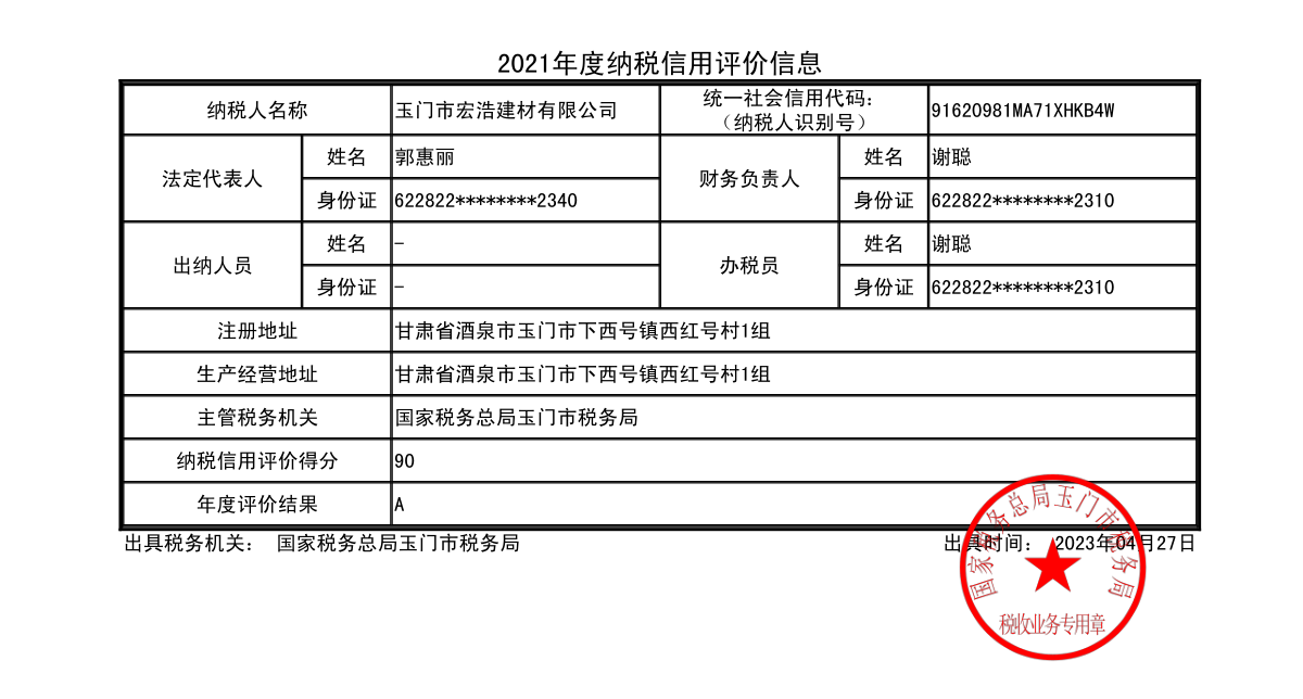 2021年度纳税信用等级A级